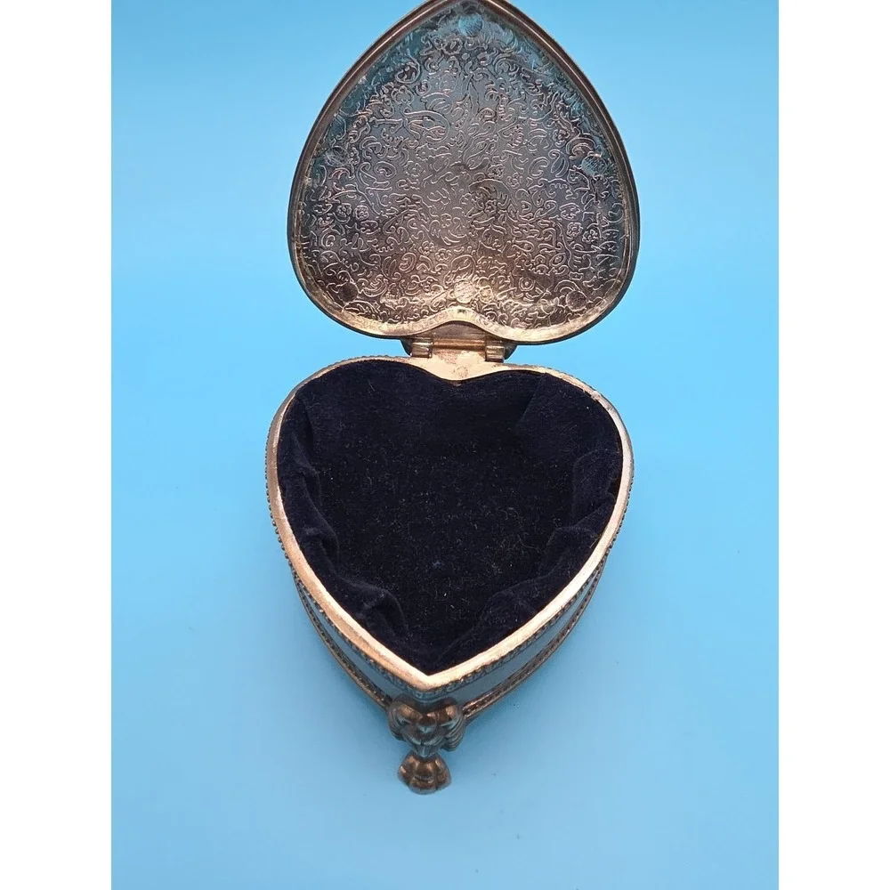 Vintage Silver Plate Jewelry Trinket Box Blue Velvet Lion Head 4